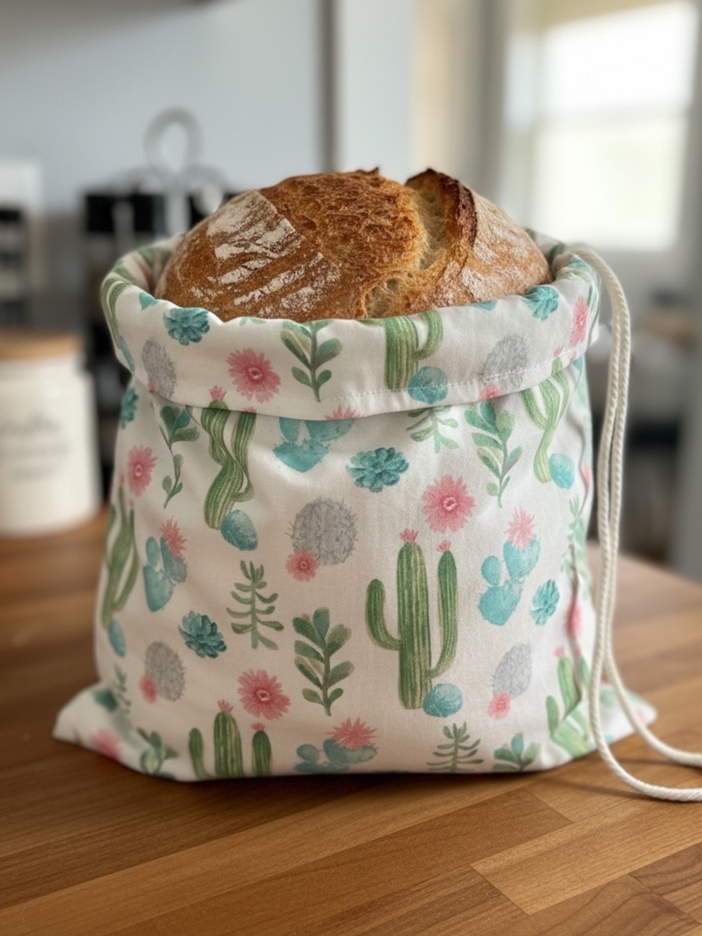 Colorful Cactus Floral Cotton Bread Bag | Reusable Sourdough Storage Bag